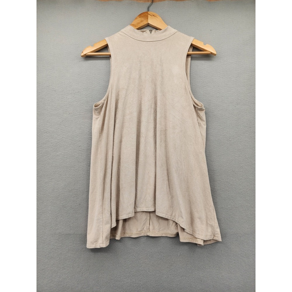 Sans Souci Tan Faux Suede Mock Neck Sleeveless Top Blouse‎ Medium T4661 Neutral